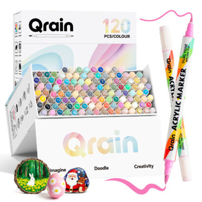 Qrain 120 Colors Acrylic Paint Marker Pens Set - Water-Based Brush Tip Markers for Rock, Wood, Glass, Fabric, Pumpkin, DIY Crafts