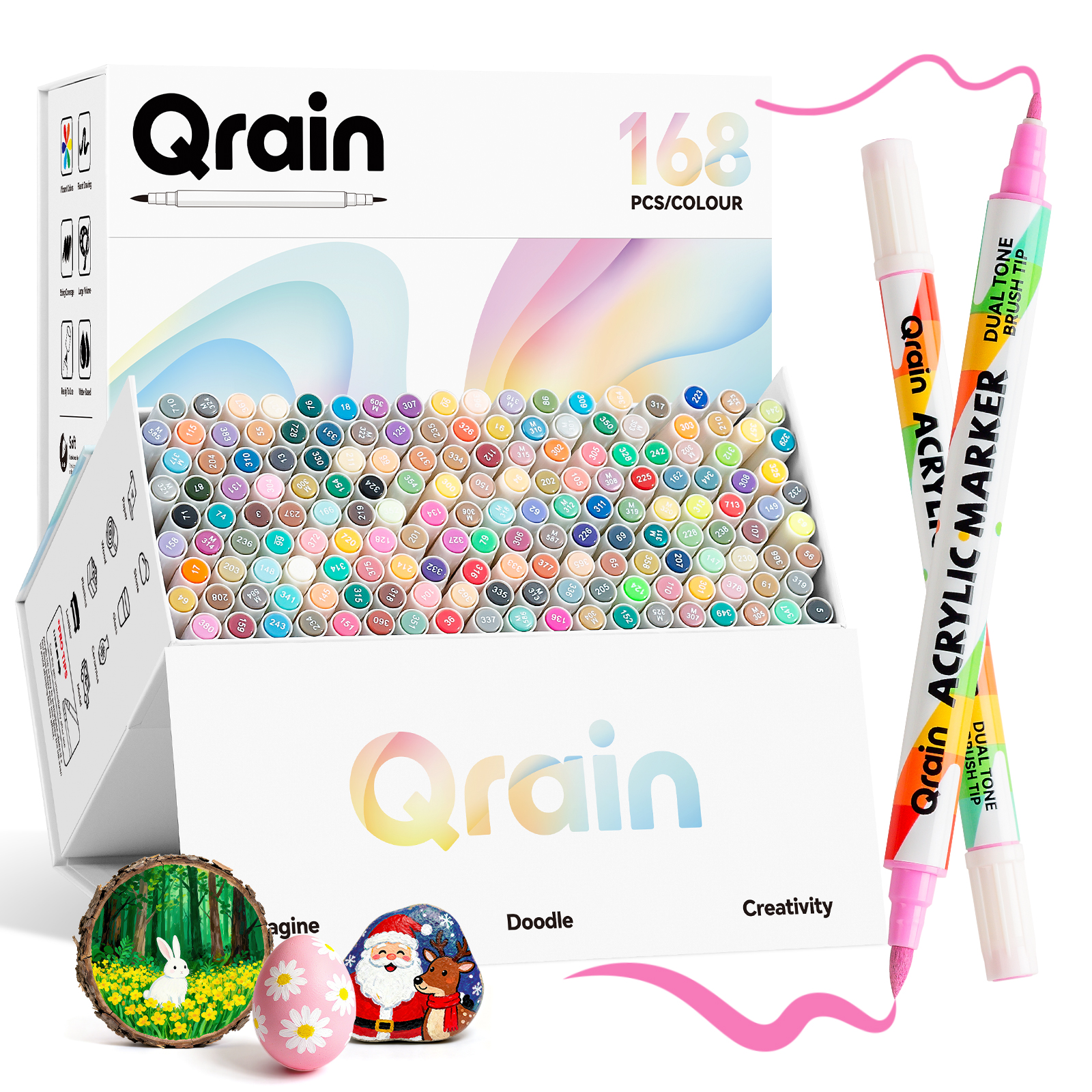 Qrain 168 Colors Acrylic Paint Marker Pens Set - Water-Based Brush Tip Markers for Rock, Wood, Glass, Fabric, Pumpkin, DIY Crafts